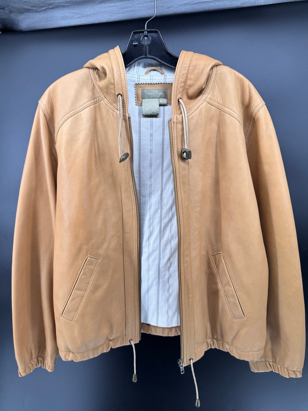 The Territory Ahead Tan Hooded Leather Bomber Jacket